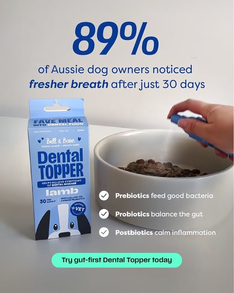 This static 4:5 creative uses a clear percentage-based hook followed by functional benefits of using a dental spray topper for dogs.